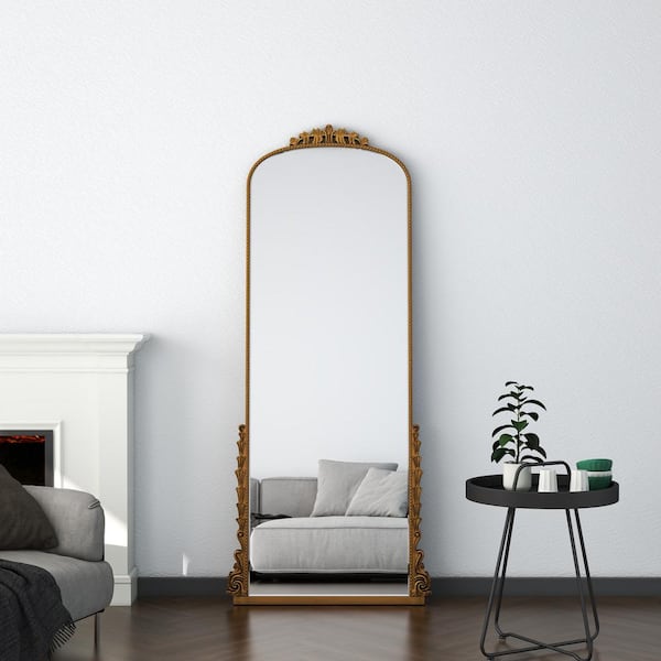 THKSHOUZ 29 in. W x 67 in. H Antique Gold Arched Floor Mirror SF