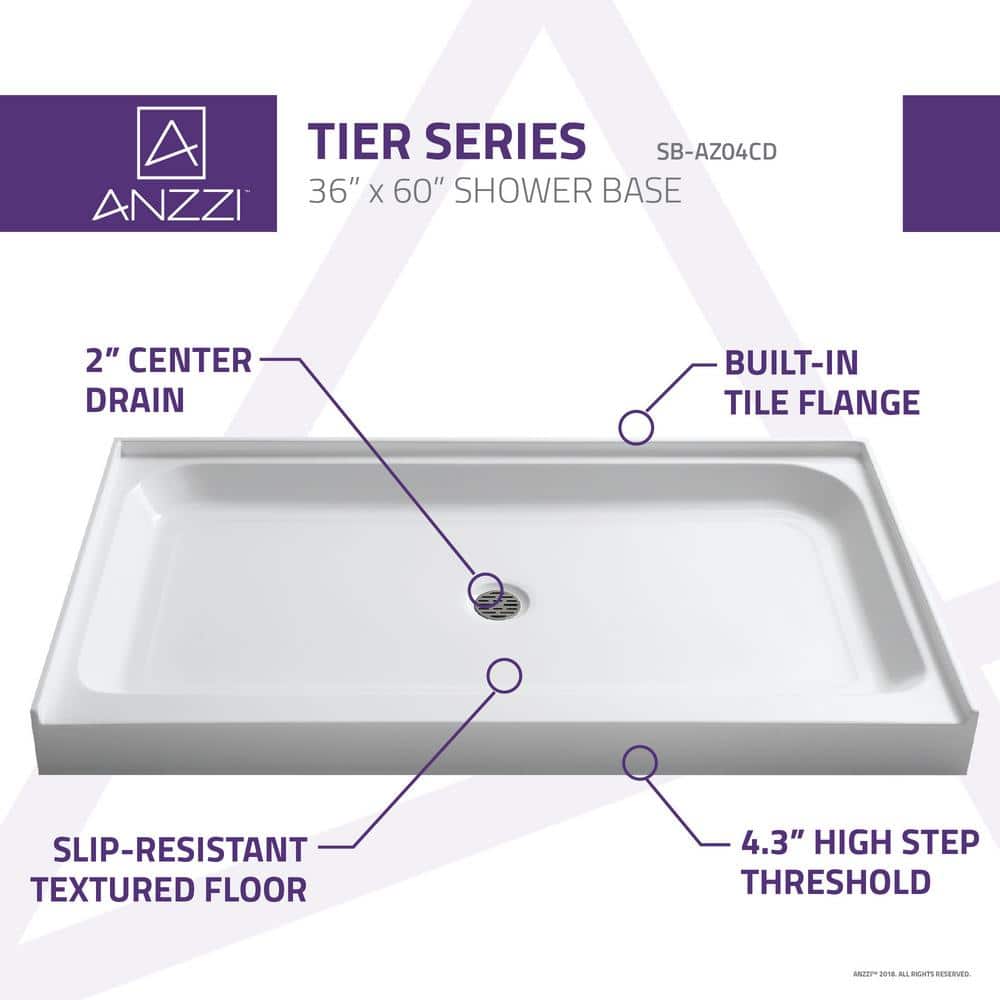 Glossy White 60" x 36" Acrylic Shower Base with Center Drain