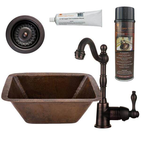 Premier Copper Products Bronze 16 Gauge Copper 17 in. Dual Mount Rectangle Bar Sink with Faucet and 3.5 in. Strainer Drain