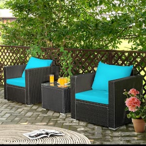 3-Piece Rattan Patio Conversation Furniture Set Outdoor with Turquoise Cushions