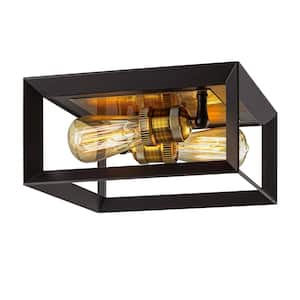 Walden Forge 2-Light Black Frame Flush Mount Ceiling Light with Antique Brass Sockets