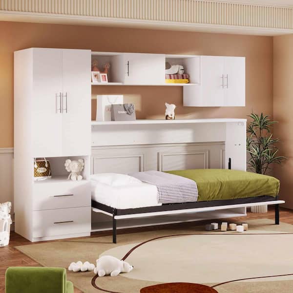 White Wood Frame Twin Size Murphy Bed with Open Shelves and Storage Drawers, Built-in Wardrobe and Table