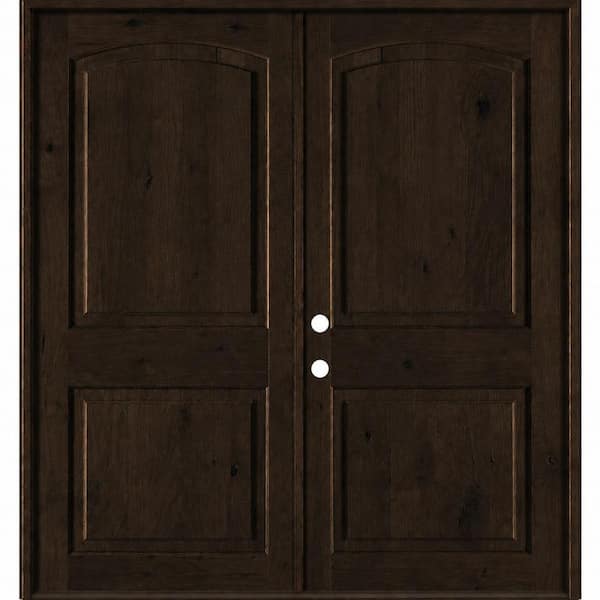 72 in. x 80 in. Rustic Knotty Alder 2-Panel Arch-Top Active Right Double BEHR True Black Stain Wood Prehung Front Door