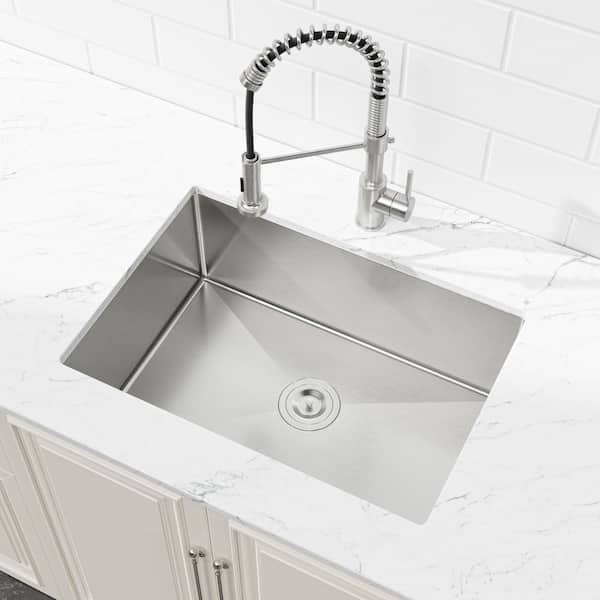 27 in. x 19 in. Brushed Nickel Stainless Steel Single Bowl Undermount Kitchen Sink with Drain and Hooks