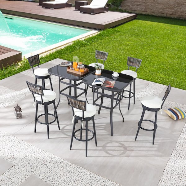 Patio Festival 8-Piece Wicker Bar Height Outdoor Dining Set with Beige Cushions