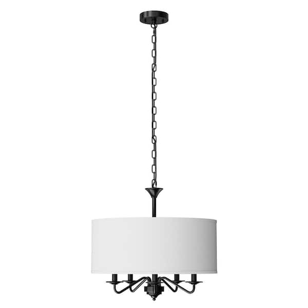 YANSUN 20 in. 5-Light Black Empire Chandelier with Fabric Shades for Elegant Dining Room Lighting