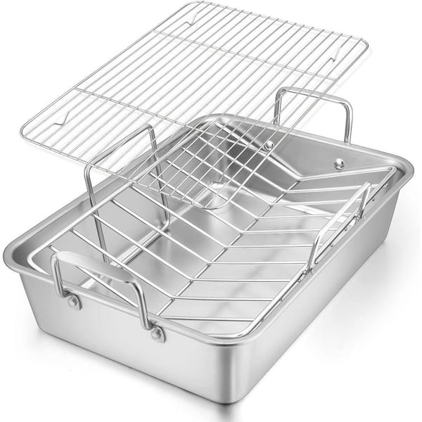 15 qt. Silver Roasting Pan with Racks, Stainless Steel Turkey Roaster with Cooling Racks, Nonstick Deep Broiler Pan