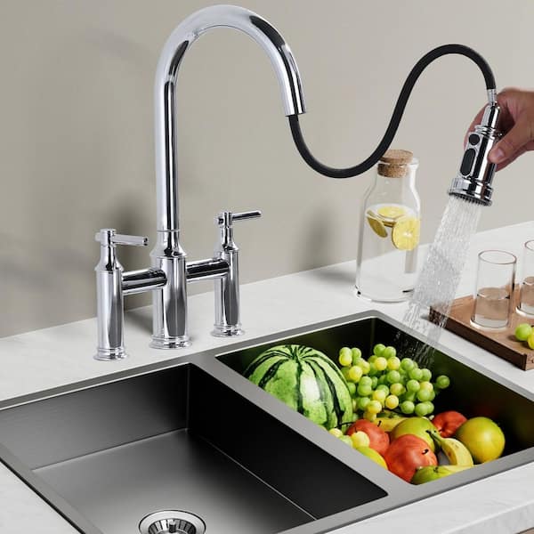 Brass Double Handles High Arc Bridge Kitchen Faucet with 3-Spray Modes Pull Down Sprayer and in Polished Chrome