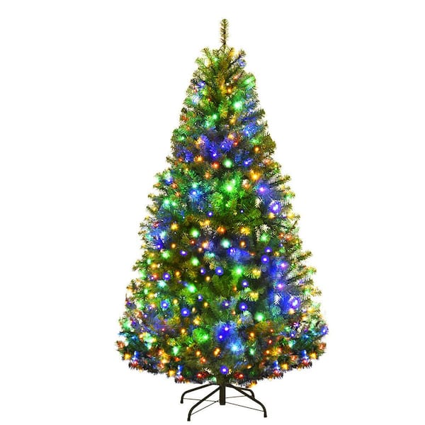 Gymax 5 ft. Pre-Lit Artificial Christmas Tree Hinged Tree with Metal Stand LED Lights