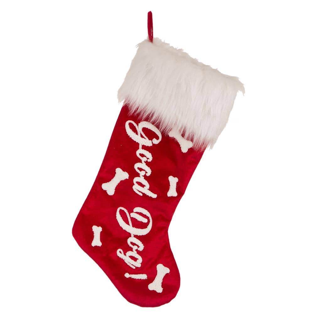 Glitzhome 22 in. L Velvet Christmas Stocking with Plush Cuff Good Dog 1113203057 The Home Depot