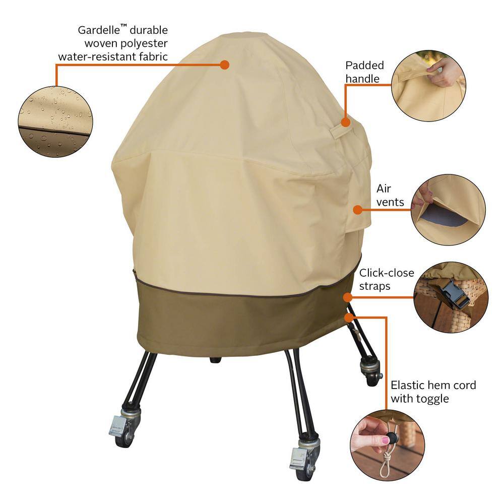 Large Tan and Brown Polyester Kamado Grill Cover with Elastic Closure