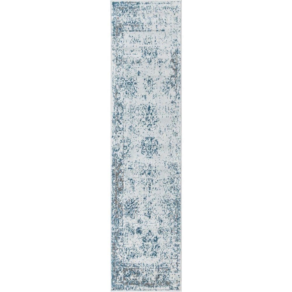 Light Blue Polypropylene 2 ft. x 9 ft. 10 in. Abstract Indoor Runner Rug