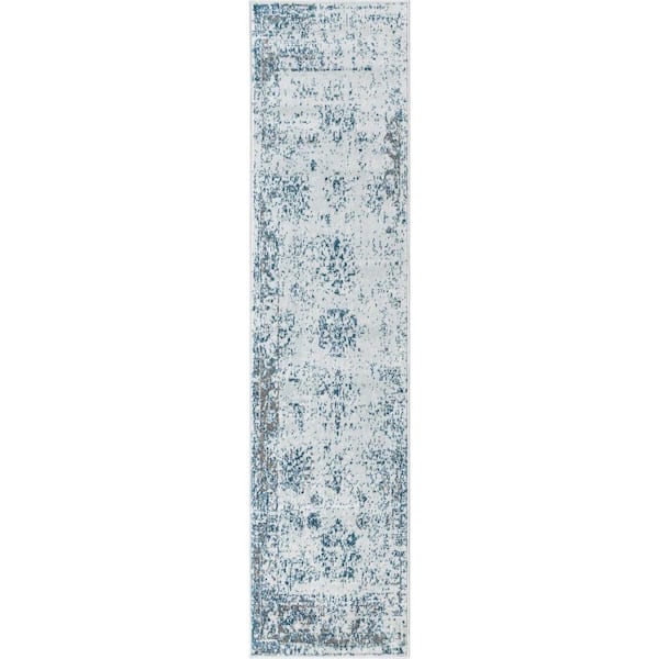 Unbranded Light Blue Polypropylene 2 ft. x 9 ft. 10 in. Abstract Indoor Runner Rug