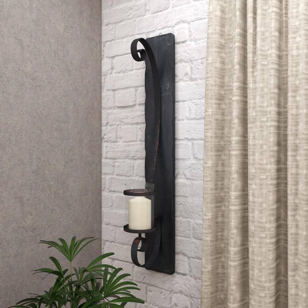Black Metal and Wood Wall Sconce with Hurricane Glass