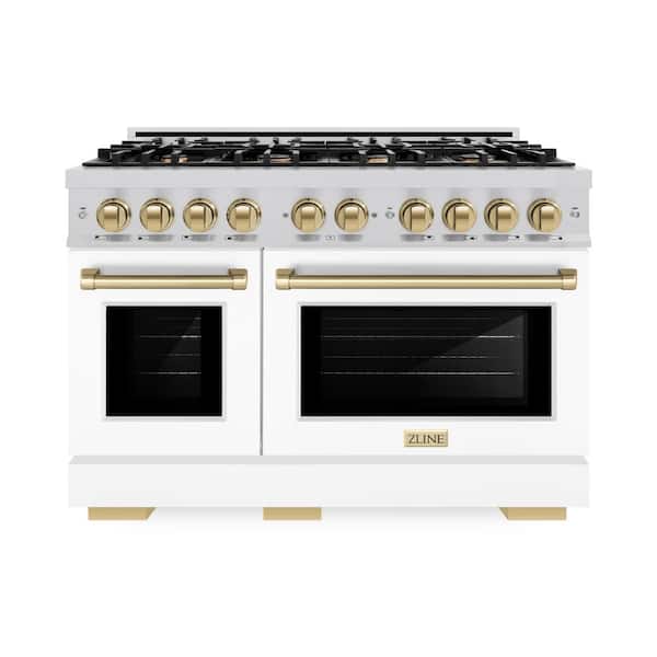 Autograph 48 in. Select Double Oven Dual Fuel Range with 8 Burners in Satin Steel with White Doors and Bronze Accents