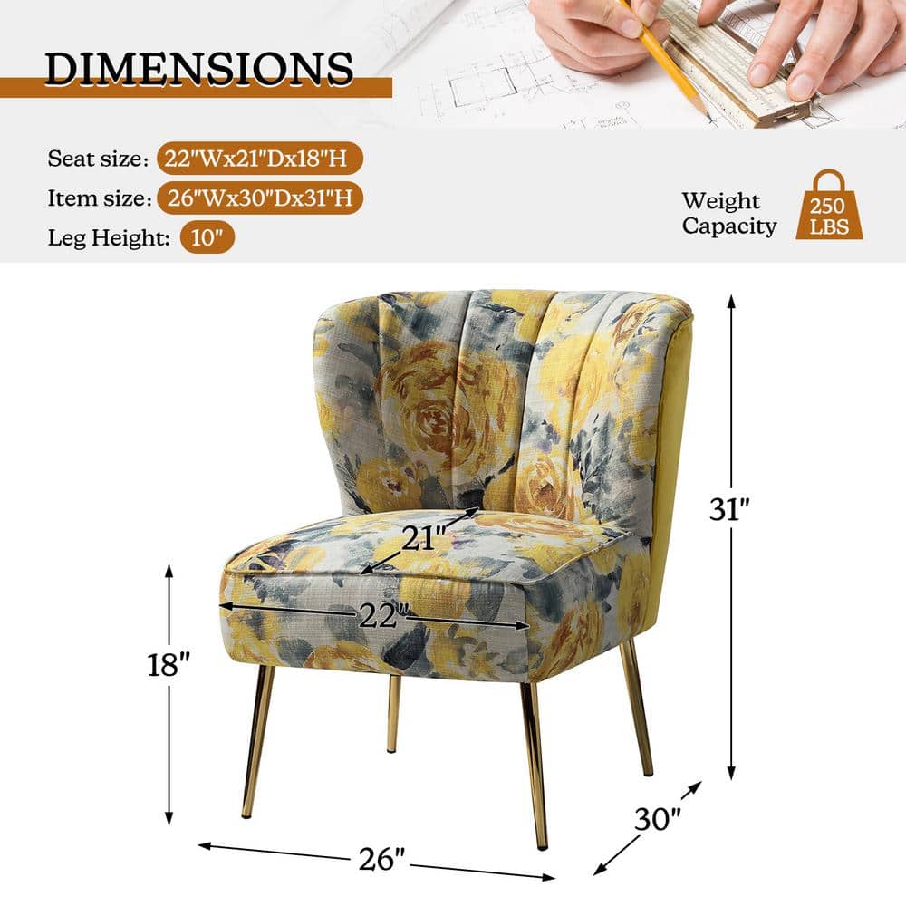 Yellow Floral Tufted Slipper Chair with Gold Metal Legs