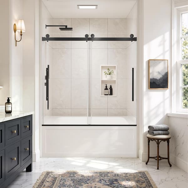 56-60 in. W x 60 in. H Double Sliding Frameless Tub Shower Door in Matte Black with 5/16 in. Nano-Coated Clear Glass