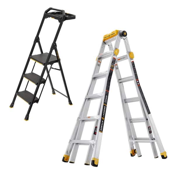 Gorilla Ladders 23 ft. Reach MPXT Aluminum Multi-Position Ladder with Project Top/3-Step Pro-Grade Steel Project Ladder (Combo-Pack)