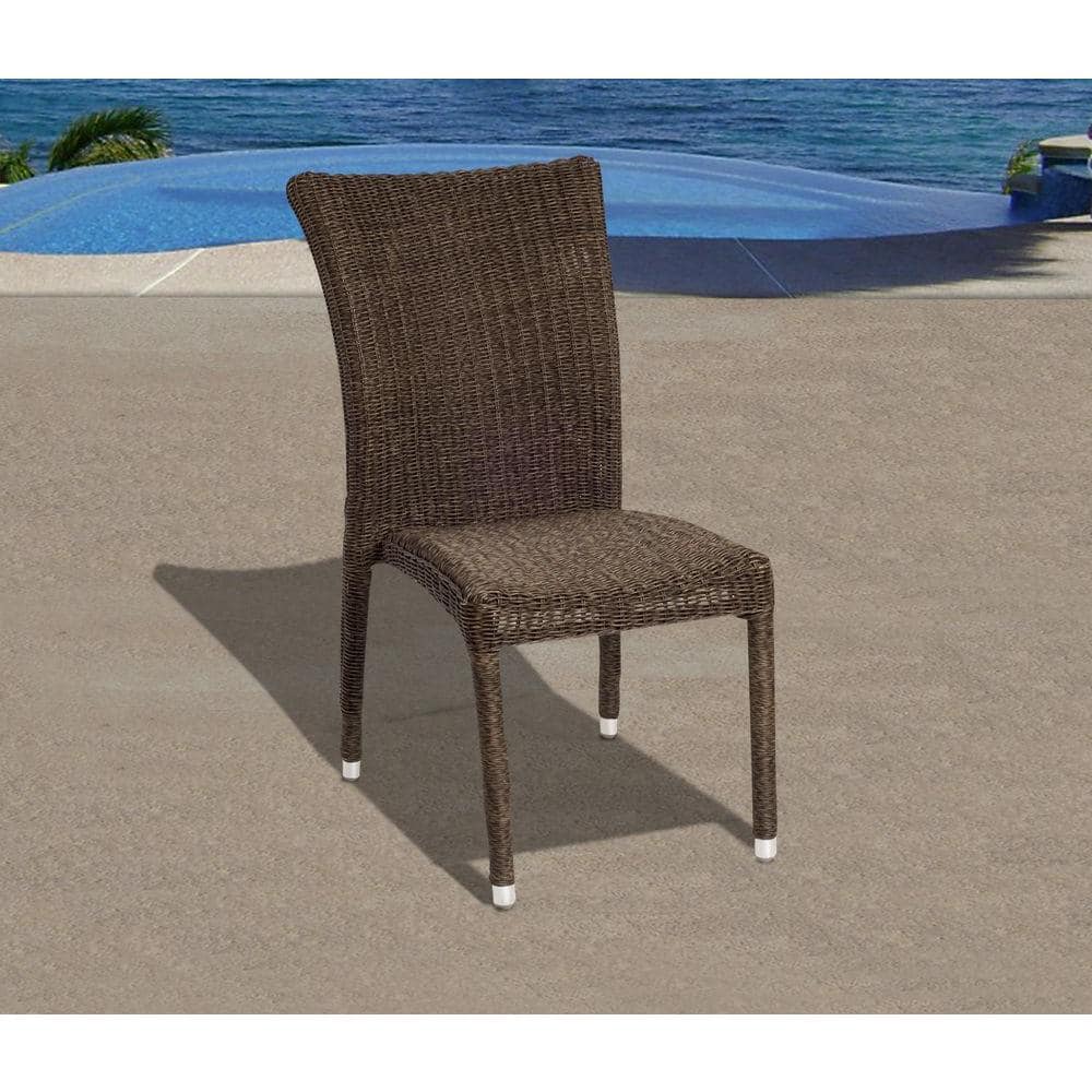 Single wicker dining chair sitting on a poolside patio.