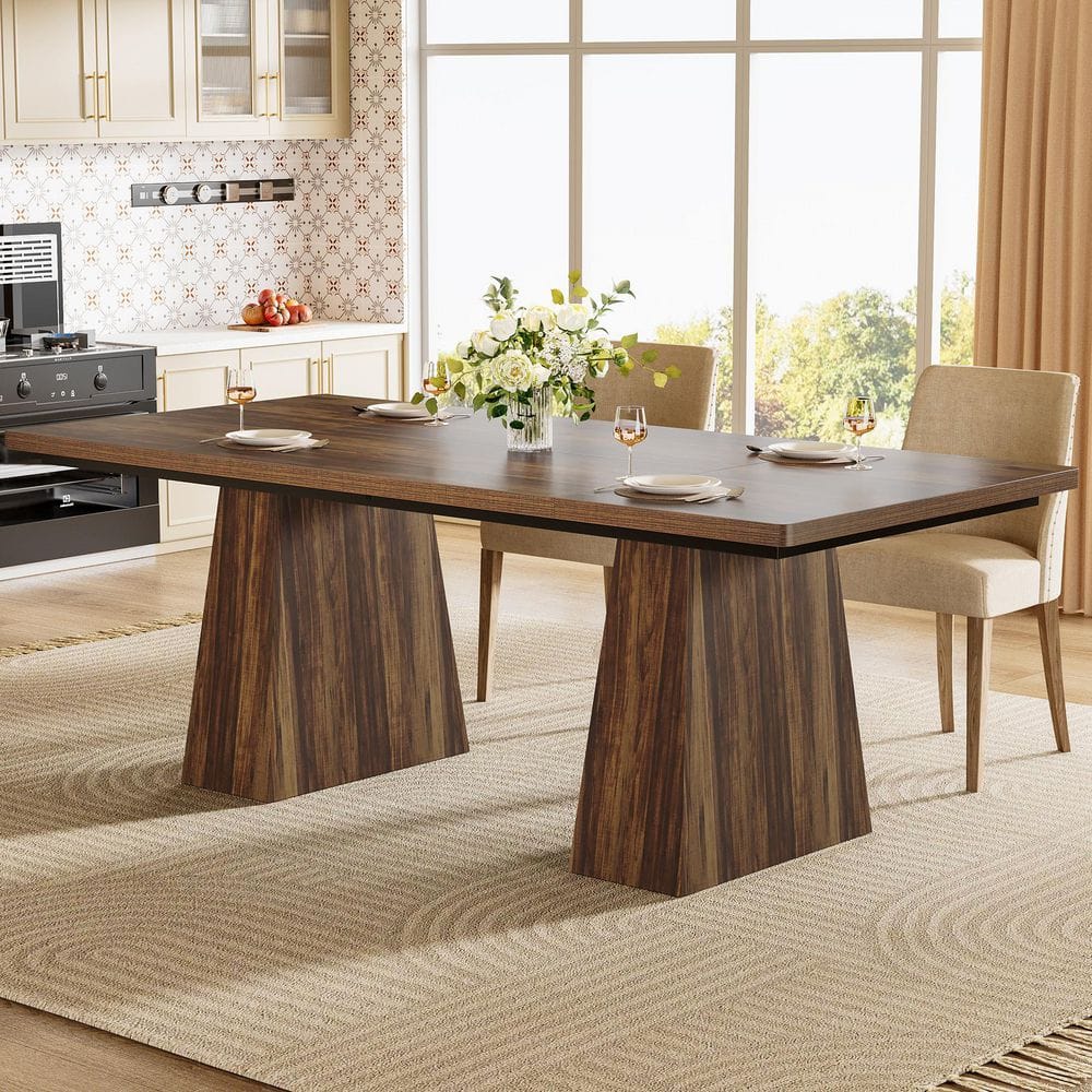 Roesler Rustic Brown Wood 63 in. Pedestal Dining Table Seats 6, Kitchen Table with Heavy Duty Legs for Home, Dining Room