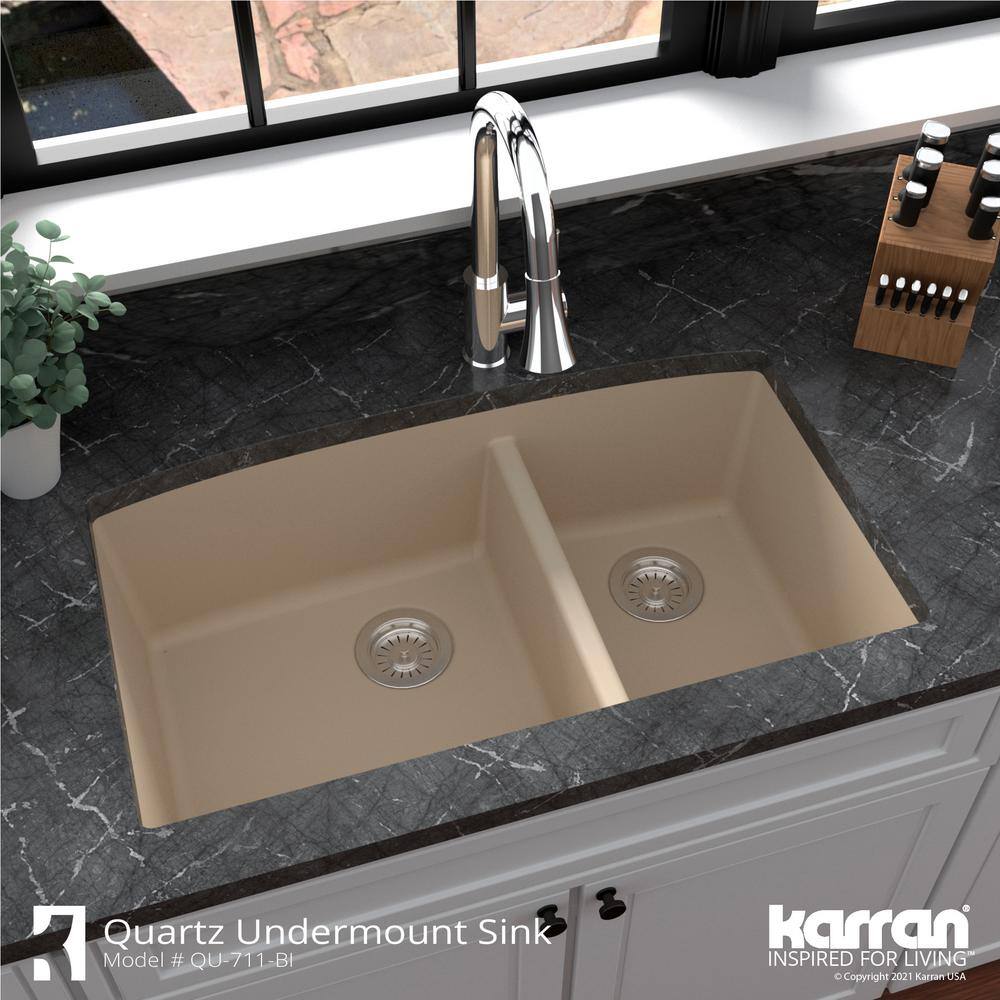 Bisque Quartz Composite 32'' Double Bowl Undermount Kitchen Sink