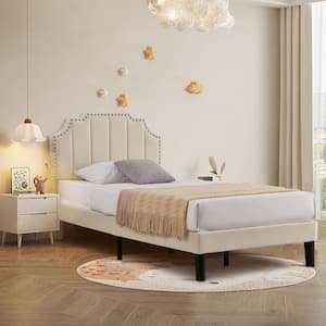 Upholstered Bed Beige Metal plus Wood Frame Twin Platform Bed with Tufted Adjustable Headboard/Mattress Foundation