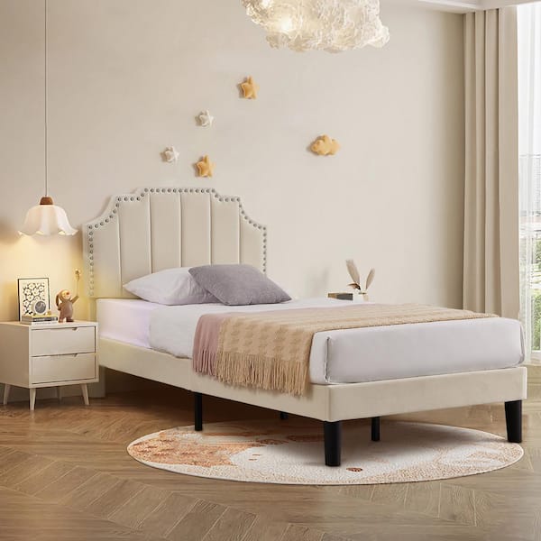 VECELO Upholstered Bed Beige Metal plus Wood Frame Twin Platform Bed with Tufted Adjustable Headboard/Mattress Foundation