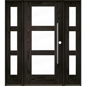 Faux Pivot 64 in. x 80 in. Left-Hand/Inswing 3-Lite Clear Glass Baby Grand Stain Fiberglass Prehung Front Door with DSL