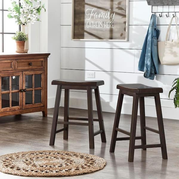 23.62 in. H Antique Black Backless Wood Saddle Seat Counter Height Stools (Set Of 2)