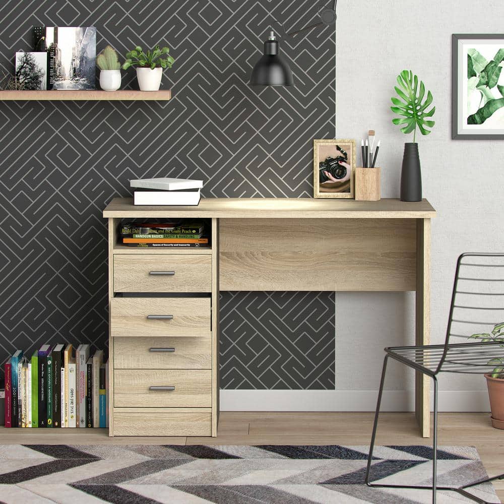 Scandinavian Oak Structure Desk with 4 Drawers and Open Shelf