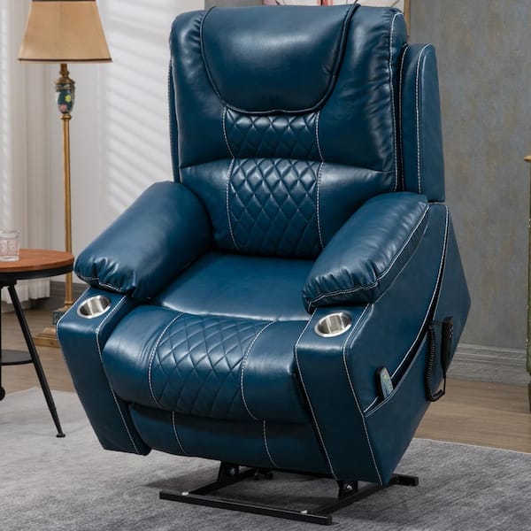 aisword Enhanced Exclusive Oversized Faux Leather Recliner Chair with Massage, Heating and 2-Cup Holder - Blue (Dual OKIN Motor)