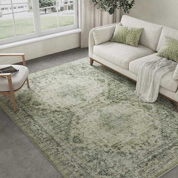 Apollo Green 5 ft. x 7 ft. Vintage Washable Medallion Distressed Area Rug