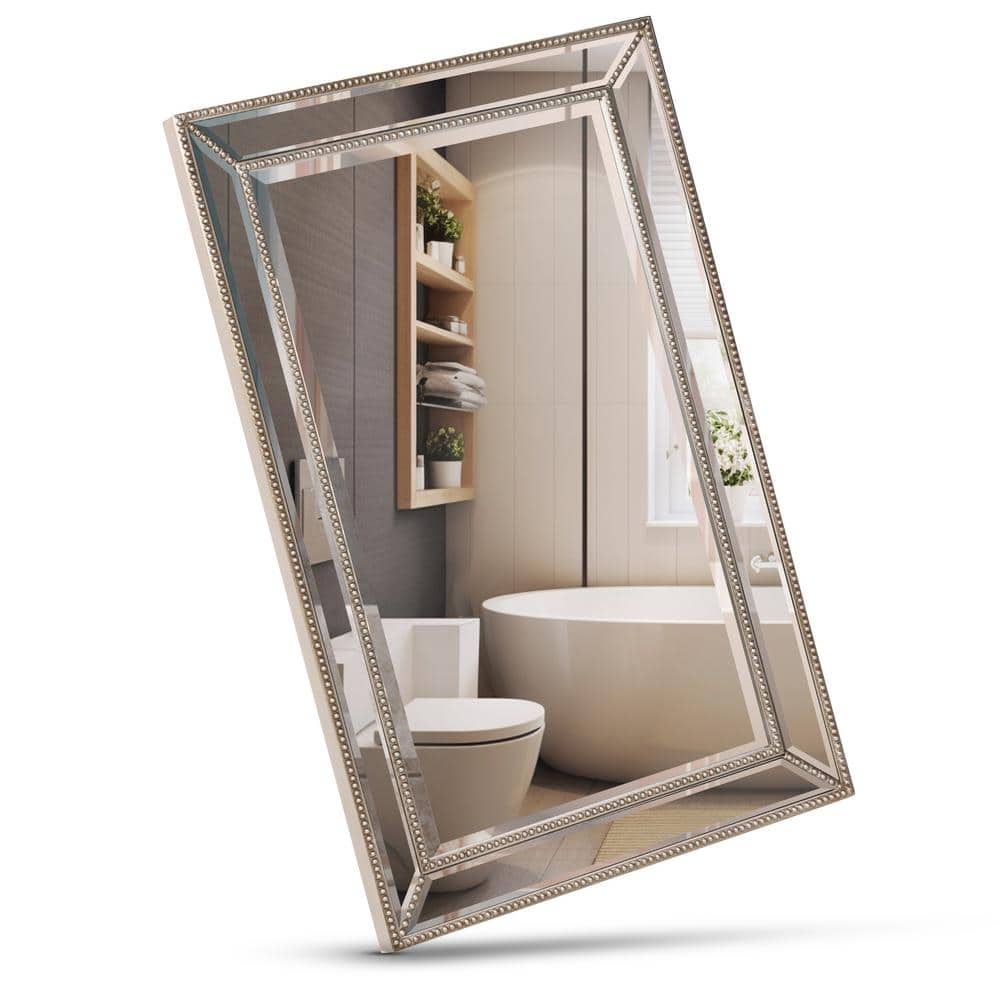 Champagne Silver Beaded Rectangular Vanity Mirror - 24"x 36"