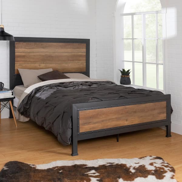 Rustic Oak Queen Size Metal Bed Frame, Rustic Oak King Size Bed Frame