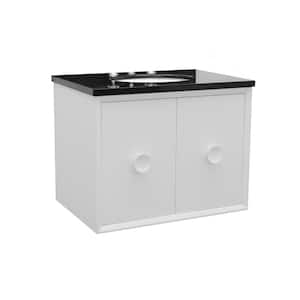 Stora 31 in. W x 22 in. D Wall Mount Bath Vanity in White with Granite Vanity Top in Black with White Oval Basin