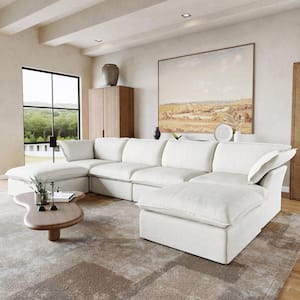 163 in. Free Combination Overstuffed Down Filled Comfort Linen U-shape 6-Seat Sofa Modular Sectional with Ottoman, White
