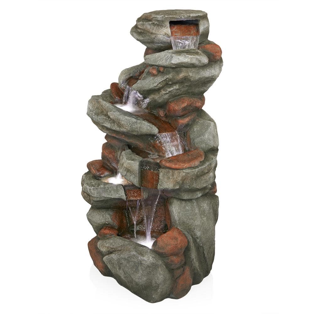Gray Cascading Stone Outdoor Fountain with LED Lights, 53"