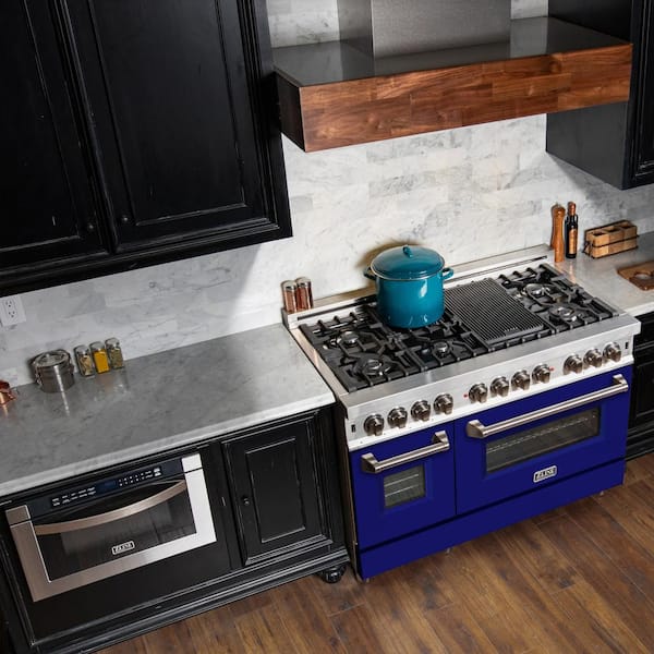 48 in. 7 Burner Double Oven Dual Fuel Range with Blue Matte Door in Stainless Steel
