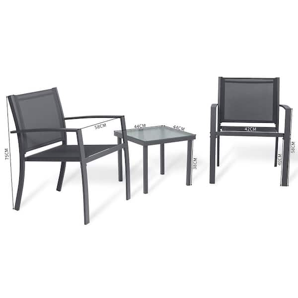 Boyel Living Dark Gray Steel Pipe (Spraying Process) 3-Piece Metal Patio Conversation Set with Single Seat Sofa and Glass Low Table