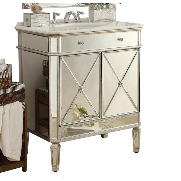 Benton Collection Austell 32 in.W x 21 in. D x 36 in. H Single Sink Mirrored Bathroom Sink Vanity in Silver with White Marble top