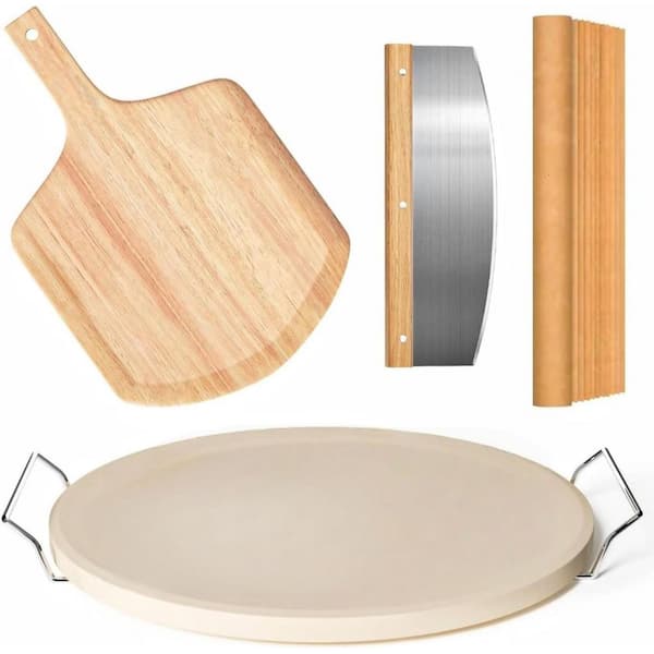 13 in. 5-Piece Round Pizza Stone Set with Oak Pizza Peel, Serving Rack, Pizza Cutter and Cooking Paper for Grill Baking