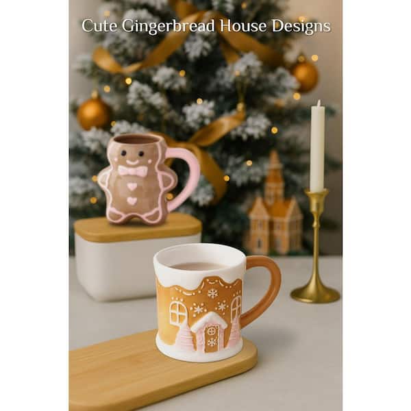 Numhew 13 oz Cute Brown Ceramic Mug (Set of 1), Christmas Gingerbread Man Design Drinkware with Red Gift Box and Greeting Card