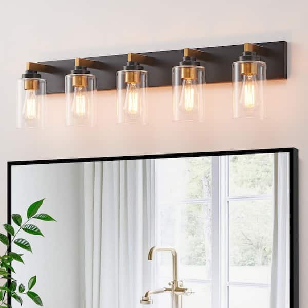 KAWOTI 36.25 in. 5-Light Black and Gold Vanity Light with Clear Glass Shade