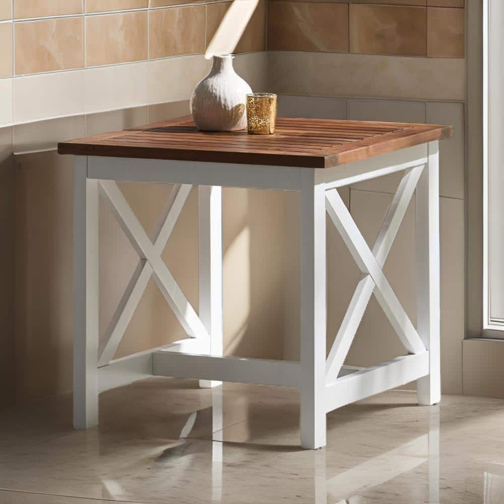 Rustic Farmhouse Brown and White Wood Square End Table