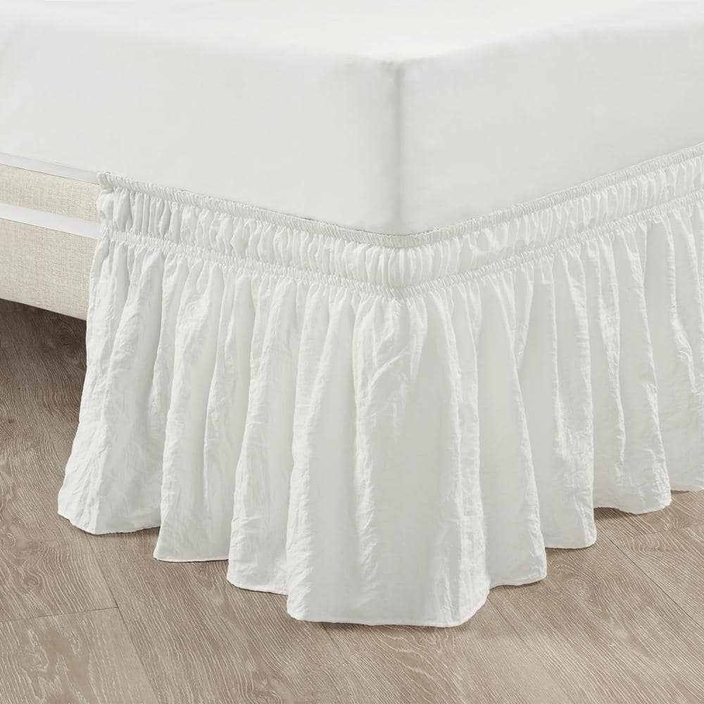 Ruched 20 in. Drop Length Ruffle Elastic Easy Wrap Around White Single Queen/King/Cal King Bed Skirt