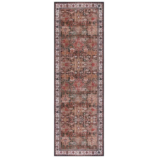 SAFAVIEH Tuscon Ivory/Green 3 ft. x 8 ft. Machine Washable Floral Border Runner Rug