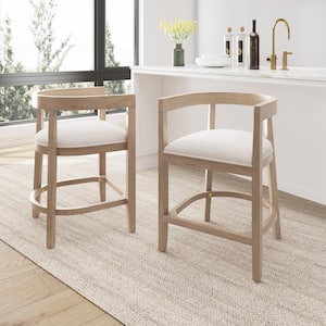 Timel 25.6 in. Light Ash Rubber Wood Counter Stool with Beige Frabic Seat, Set of 2