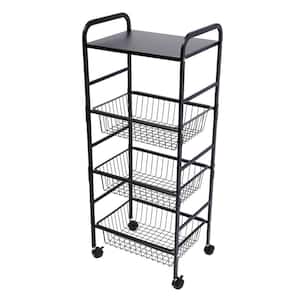 4-Tier Metal 4-Wheeled Wire Baskets Stand Cart in Black
