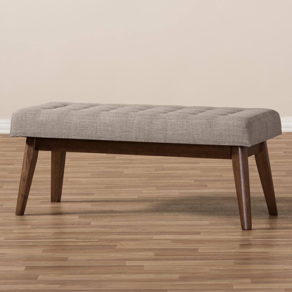 Elia Mid-Century Modern Light Grey Fabric Walnut Wood Bench