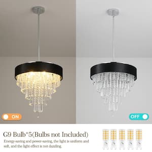 17.9 in. W 5-Lights K9 Crystal Chandelier Modern Ceiling Pendant Light Fixture Black 6 Tiers Pendant Lamp, G9, No Bulbs